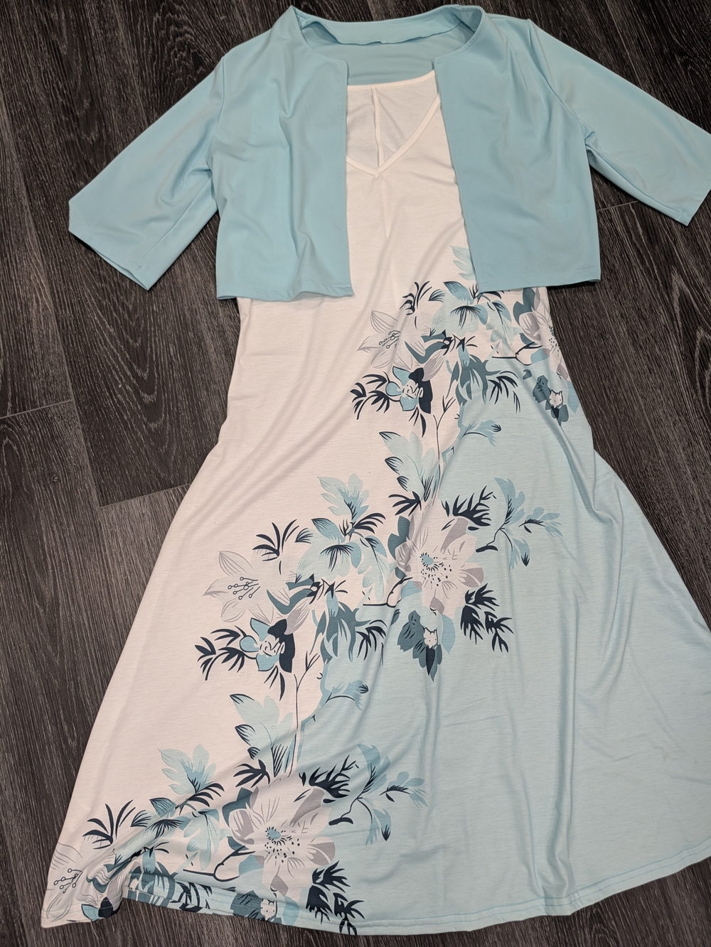 Light Blue Floral Sash Dress with Cropped Jacket